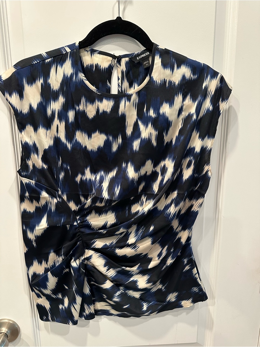 Express Navy, White and Black Abstract Twist-Detail Blouse